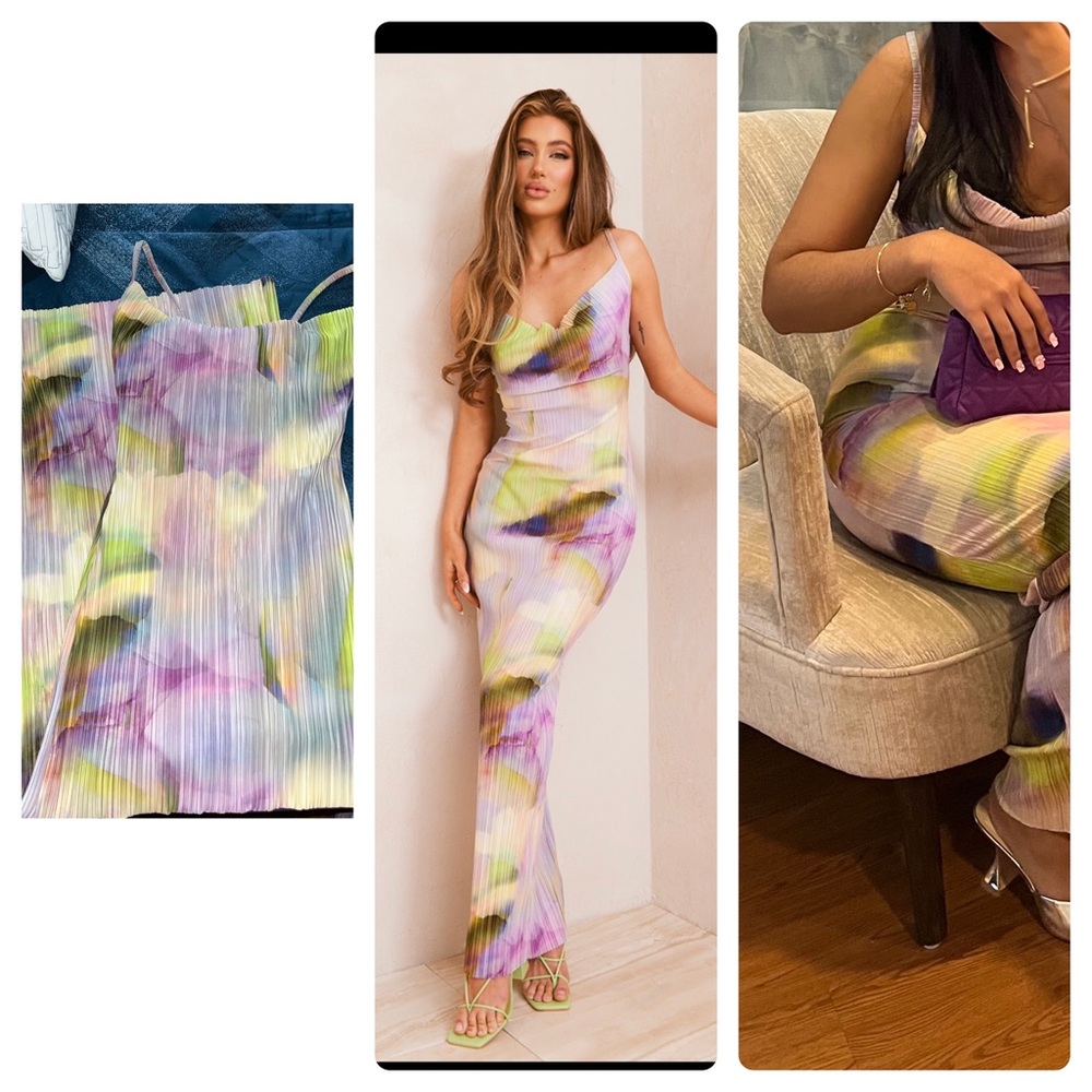 PRETTYLITTLETHING “Multi Watercolour Plisse Strappy Maxi Dress”